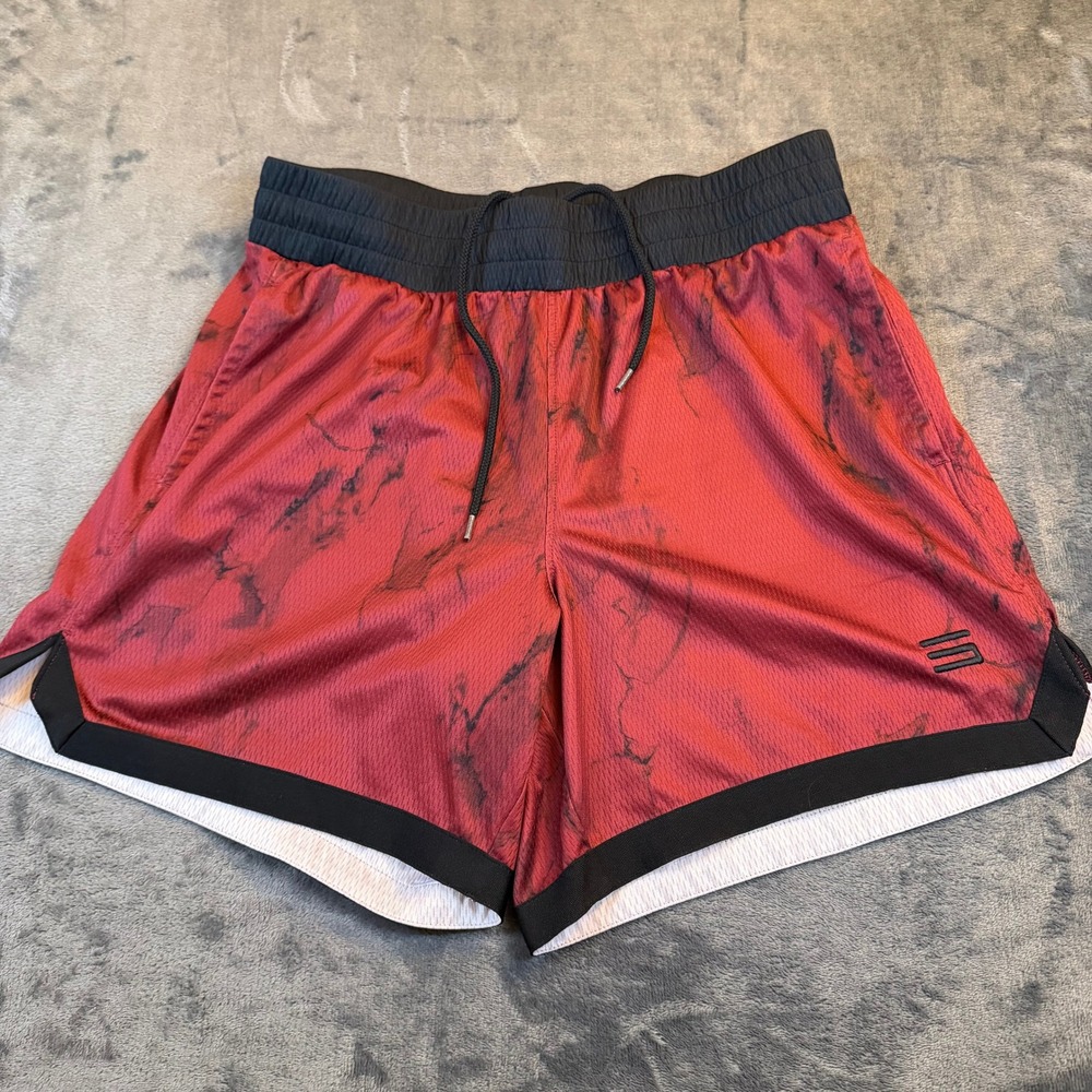 Three Sixty Six Mens Medium Red Black Marble Mesh Athletic Basketball Shorts